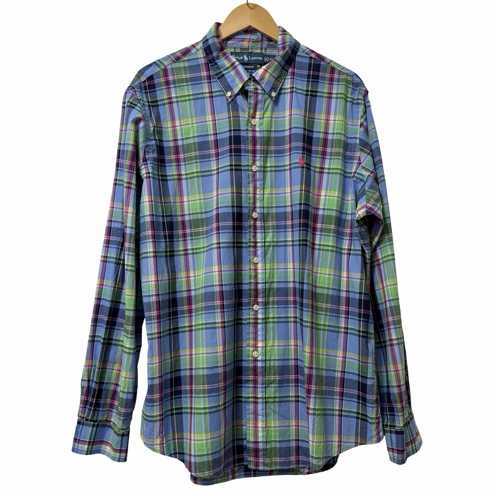 Polo Ralph Lauren Pony Tartan Plaid Oxford Shirt Mens Size XL‎ Custom Fit Preppy